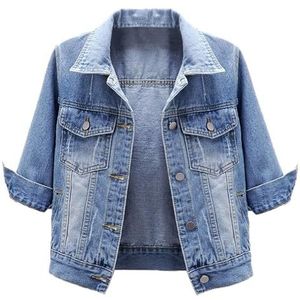 Dames Spijkerjasje met Korte Mouwen Zomer Knopen Zak Denim Crop Spijkerjasje 3/4 Mouw Spijkerjasje Retro Klassiek Go Out Gewassen Denim Overgangsjasje met Korte Mouwen(Blue,XL)