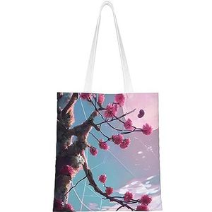 Wolf Under Moon canvas draagtas voor dames, herbruikbare schoudertas, een mooi milieuvriendelijk cadeau voor meisjes, leraren, moeders., Kleine roze bloemen, Eén maat