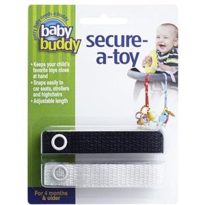 Baby Buddy Secure-A-Toy - riemen speelgoed, bijtring of fopspenen voor kinderwagens, kinderstoelen, autostoelen - veiligheidsriem met verstelbare lengte om speelgoed sanitair en schoon te houden, zwart/wit 2 tellen