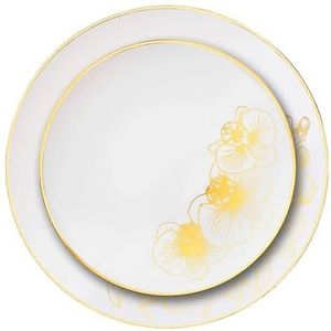 Decor Decorline - 32 Elegante Premium Kunststof Borden Diner & Dessert set van 2 (16x26cm, 16x19cm) - Orchid Collectie - Wit/Goud - Ronde Herbruikbaar Plastic Borden Servies