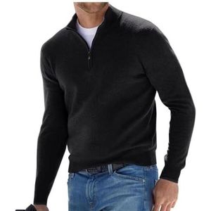 BAWUTZ Basic kasjmier sweater met rits voor heren, polo, klassiek, sweater met V-hals, lange mouwen, voelt aanvoelend, kwart rits (zwart, XL)