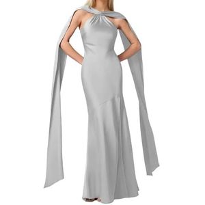 Satijnen bruidsmeisjesjurk voor dames, met split, galajurken, plooien, cocktailjurk, grote maten, Zilver, 32