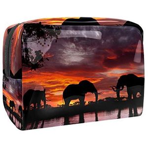 Draagbare make-up tas met rits reizen toilettas voor vrouwen handige opslag cosmetische zakje olifanten bij zonsondergang