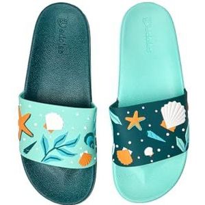 Dedoles Slides & Slippers voor Dames, Heren & Kinderen Zwembad Sandalen Grappige Boeken Koffie Feest Pizza Vos Beer Lama Wolken Schoeisel Cadeau, kleur: Blauw, motief: Schelpen, grootte: 36