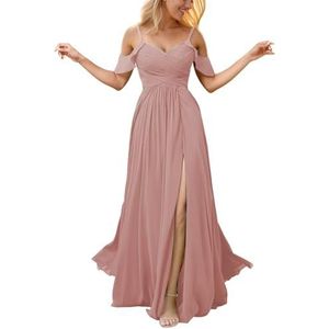 Chiffon galajurken met spleetplooien, bruidsmeisjesjurken voor bruiloft, cocktailjurk, grote maten, Stoffige Roos, 34