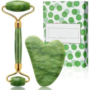 Jade Roller gezicht Massager Gua Sha Gift Kit Eye en Facia huidverzorging Tool vermindert rimpels en verstevigt huid natuurlijke echte Jade steen (groen)