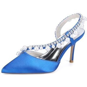 KYEGLO Satijnen Damessandalen Met Spitse Neus En Riempje - Gesloten Neus, Naaldhak Met Strass En Parel, Feestelijke Bruiloftsschoenen, Cadeaus Voor Vrouwen,Blauw,36 EU