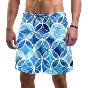 PAFEFO Nieuwigheid boardshorts voor heren, strandvakantie, feest, sneldrogende badpakken met aquarel mozaïek blauwe cirkelontwerpen, Aquarel Mozaïek Blauwe Cirkel, L