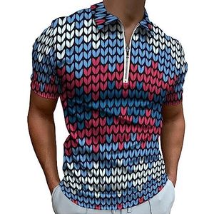 Blauw Breipatroon Polo Shirt voor Mannen Casual Rits Kraag T-shirts Golf Tops Slim Fit
