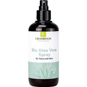 GREENDOOR Aloë vera-spray, 250 ml, veganistisch en 99% biologisch, verzorging voor haar, huid en gezicht, zuiver natuurlijke aftersun spray van echt sap, trekt snel in, natuurlijke cosmetica