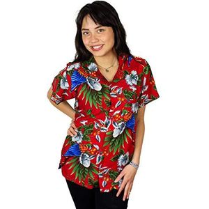 V.H.O. Funky Hawaïblouse Hawaiihemd dames korte mouwen voorzak boyfriend cut Hawaii-print strand kersen papegaai UNICUT, Kersenpapegaai rood, L