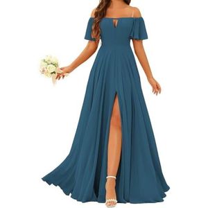Prinses Bruidsmeisje Jurken Off Shoulder Prom Jurken Plooien Chiffon Formele Avond Party Maxi Jurk met Split ZMK196, Turkoois, 34