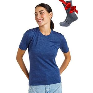 Merino.tech 100% Merino T-shirt voor dames - Merinowol Sportief Wandelen Thermisch Shirt voor Dames + Wandelsokken (Small, Windsor Blue Crewneck)