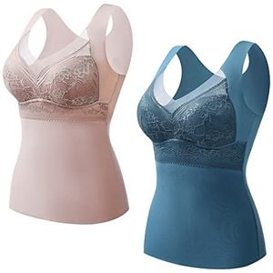 2-in-1 ingebouwde beha, thermisch ondergoed voor dames, beha, hemd voor dames met cups, beha zonder beugel, top met geïntegreerde beha, thermo-onderhemd, mouwloos shirt, vrouwen, V-hals, vest, 2 stuks