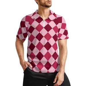 Roze Rood Diamant Schaakbord Heren Golf Polo Shirts Klassieke Fit Korte Mouw T-Shirt Gedrukt Casual Sportkleding Top 2XL