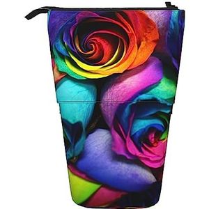 Regenboog Rose Potlood Case Telescopische Make-up Tas Pop Up Office Organizer Box Staande Pen Houder Cosmetica Tas Met Ritssluiting, Zwart, Eén maat