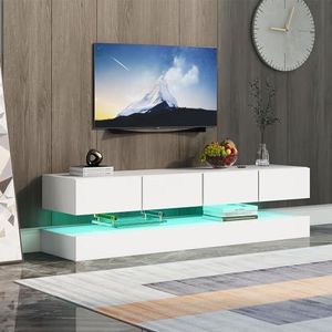 Aunvla Led-tv-lowboard, wandgemonteerde tv-kast, tv-standaard, tv-meubel met 2 kasten en 4 grote laden, 16-kleurige led-verlichting, wandkast voor maximaal 55 inch televisies, wit, 130 x 33 x 15 cm