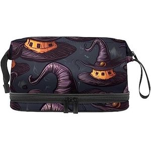 Dubbele Laag Cosmetische Tas Halloween Heks Hoeden Paars Draagbare Make-up Tas Travel Organizer Pouch voor Vrouwen Meisjes Toiletartikelen Tassen, Multi 3, 27x15x14 cm/10.6x5.9x5.5 in, Make-up zakje