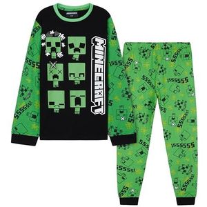 Minecraft Jongenspyjamaset - Katoenen loungekleding Lange top en broek Tieners Kinderpyjama's 7-14 jaar Gamercadeaus voor jongens (groen/zwart, 7-8 jaar)
