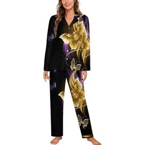 Magic Gold Vlinders Lange Mouw Pyjama Sets Voor Vrouwen Klassieke Nachtkleding Nachtkleding Zachte Pjs Lounge Sets
