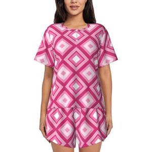 YJxoZH Roze Diamant Patroon Print Vrouwen Zomer Pyjama Sets Nachtkleding Dames Korte Mouw Nachtkleding Pjs Lounge Met Zakken, Zwart, XL