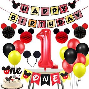 Mickey Themed 1st Birthday Party Decorations met oorhoofdband, verjaardag en stoelbanner, honingraatballen en nummer 1 folieballon voor eerste verjaardag