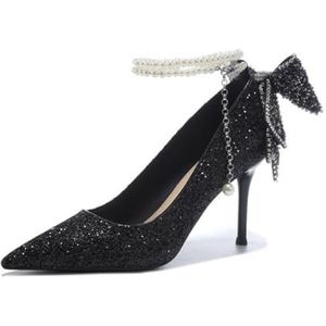WDUDSUDUW Elegante pumps met spitse neus, glitter en strass steentjes, hoge hakken voor bruiloften, sexy en sprankelende galaschoenen voor op feestjes,Black 3.35"",35.5 EU