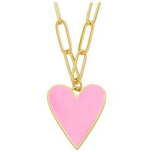 Gouden Cubaanse link Chain Hart Hanger Ketting Koper Emaille Kleurrijke Ketting Vergulde Sieraden for Vrouwen (Style : Pink)