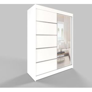 Easy4You 120 cm Moderne Schuifdeuren 2 Deuren Witte Garderobe L3 Garderobe met Spiegel voor Slaapkamer Meubels Set met Kleding Rail Opslag