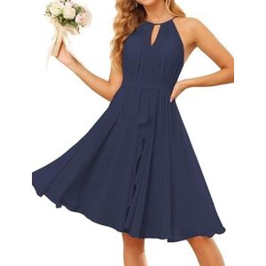WSEYU Halter Schoolgala Jurken voor Tieners Korte Chiffon Bruidsmeisje Afstuderen Cocktail Party Jurk met Zakken ZM205, Donkerblauw, 32