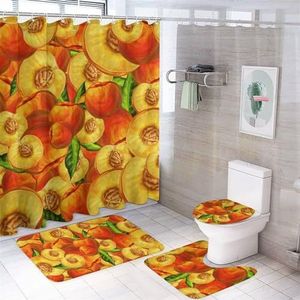 Perzik Fruit Patroon 4 Stks Badkamer Sets met Douchegordijn Toilet Deksel Cover En Tapijten