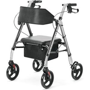 HEAO Rollator opvouwbaar en licht met zitting, aluminium reisrollator, in hoogte verstelbaar, brede rugriem, rollators, smal voor woning, loophulp voor senioren, grijs