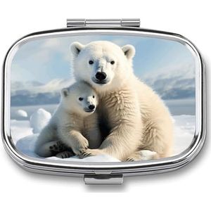 Leuke ijsbeer pillendoos reizen pillenorganizer 2 compartimenten wekelijkse pillenhoes met spiegel een dag medicijncontainer medicijnorganizer voor portemonnee, zak of portemonnee