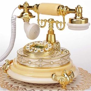 Vintage vaste telefoon, antieke telefoon, ouderwetse bureautelefoon, vaste telefoon met handsfree en opnieuw kiezen, geel