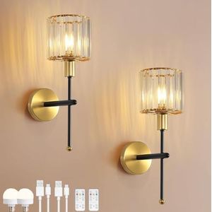 LOGT - Draadloze Wandlamp - Goud en Zwart - Kristal - 2 Stuks - USB Opladen - Batterij Aangedreven