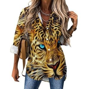 Prairie Cheetah Leopard damesblouses Hawaiiaanse button-down damestops, shirts met lange mouwen, T-shirts L