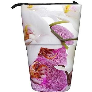 Roze En Witte Bloem Print Telescopische Etui Pen Pouch Staande Pen Houder Organizer Zakken Met Rits Voor Kantoor, Zwart, Eén maat