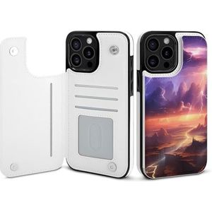 Natuur landschap paars Thunder Storm Flip telefoonhoesje compatibel voor iPhone 15 Pro Max schattige portemonnee hoesje telefoon beschermhoes met kaarthouder