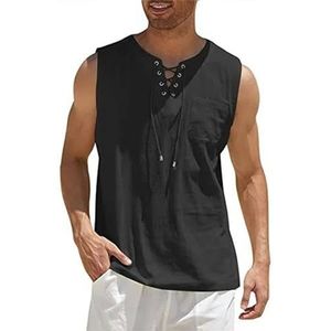 Linen Shirts Men Shirts Men'S Casual Sleeveless Vest Bandage Lace Up Blouse Retro Loose Shirt Solid Color Clothes-Black-Xxxl