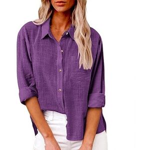 Dames Casual Overhemd - Dames Katoenen Linnen Overhemd Paars Dun Overhemd Met Lange Mouwen En Enkele Rij Knopen Retro Reverszak Losse Split Lente Herfst Casual Outdoor Vest Feest Elegant Streetwear