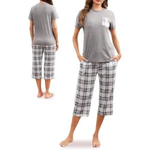 Reliwel Pyjama voor dames, katoen, zomer, korte mouwen, geruit, 3/4, broek, nachtkleding, ronde hals, 2-delig, zacht, comfortabel, Grijs, S