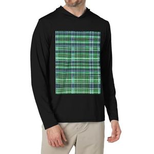 Blauw en groen Schotse Tartan Print Heren Shirts Lange Mouw Hoodies Mode T-shirts, Causale Fit Geen Knopen T-shirts, Zwart, XXL