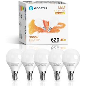 Aigostar E14 G45 Ledlampen, 7W Schroeflamp, Warm Wit 3000K, 620lm, AC 220-240V, Geschikt Voor Binnenverlichting Zoals Kroonluchters, Hanglampen, Wandlamp, Bureaulamp, Niet Dimbaar, Set van 5