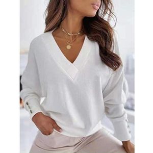 PKYGXZ Dames V-hals Jumpers Kabel Gebreide top Met Knop Manchet Decoratie Pullover Sweatshirt Tops Lange Mouw Trui Shirts