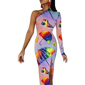 Aquarel Regenboog Paraplu Dames Halve Mouw Jurk Avondfeest Lange Jurken Cocktail Split Bodycon Jurk S