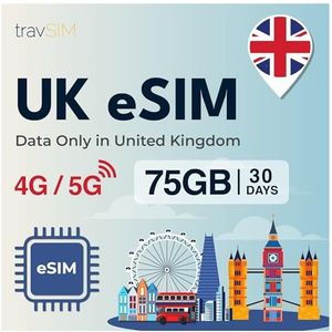 travSIM eSIM UK| 75GB Data Plan Only | 4G/5G Snelheden | Werkt in het hele Verenigd Koninkrijk | eSIM voor het Verenigd Koninkrijk is 30 dagen geldig