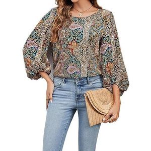 dames topjes Paisley-print blouse met lantaarnmouwen - Veelkleurige Boho-top (Color : Multicolore, Size : Small)