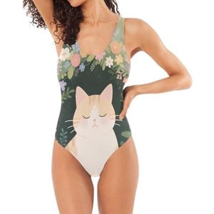 Klassieke Badpakken uit één stuk voor vrouwen kat in bloem groen U-vormige rug buikcontrole, Kat in Bloem Groen, S