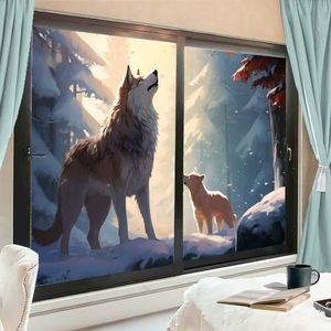 Cartoon abstracte wolf raamfilm warmteblokkerende wilde dieren natuur winter landschap privacy raamdecoratie glazen deurbekleding niet-klevende raamfilm voor badkamer 60 x 90 cm x 2 stuks