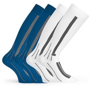 Basic Treasure 2 Paar Compressiekousen – Dames & Heren Kniekousen met Steun – Sport Compressiesokken voor Wandelen, Reizen & Hardlopen – Wit/Blauw – Maat 35/38 EU
